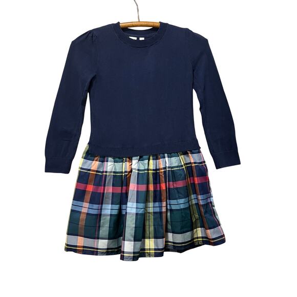Old Navy Kids Dress Girl's Size Medium Navy Knit Taffeta Plaid Holiday Lining - Picture 1 of 13